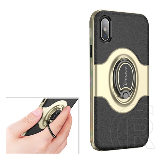 Ipaky műanyag telefonvédő ( Apple iPhone XS 5.8 szilikon belső, mágneses telefontartó gyűrű, 360°-ban forgatható) arany