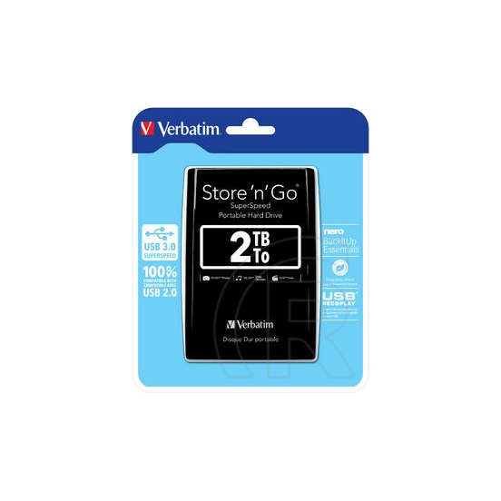 2 TB Verbatim Store `n` Go HDD (2,5", USB 3.0, fekete)