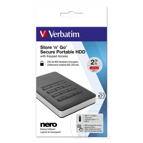 2 TB Verbatim Store `n` Go Secure HDD with Keypad Access (2,5", USB 3.1 Type-C, fekete)