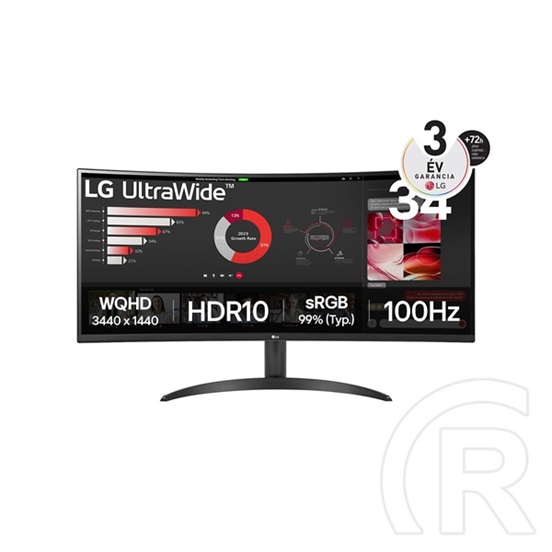 34" LG 34WR50QK-B ívelt monitor (VA, 3440x1440, 100 Hz, DP+2xHDMI)