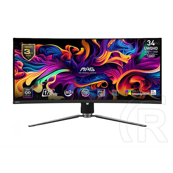 34" MSI MAG 341CQP monitor (QD-OLED, 3440x1440 UWQHD, 175Hz, ívelt 1800R, 0,03ms, DP+2xHDMI+USB-C, fekete)
