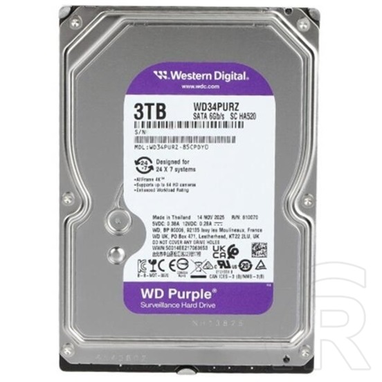 3 TB Western Digital Purple Surveillance HDD (3,5", SATA3, 5400 rpm, 128 MB cache)
