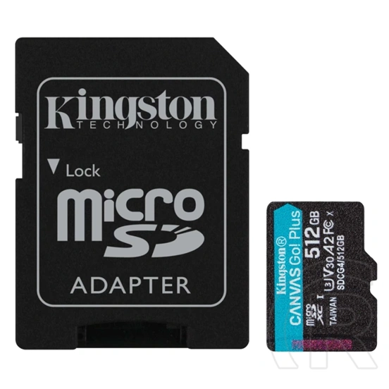 512 GB MicroSDXC Kingston Canvas Go! Plus memóriakártya (Class 10, UHS-I, U3, V30, A2, SD adapter)