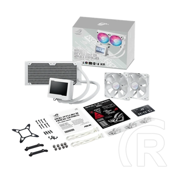 ASUS ROG Ryujin III 240 vízhűtés (240 mm, 2x120 mm ARGB ventilátor, PWM, 600-2200 RPM, 3,5" LCD, fehér)