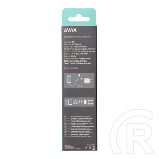 AVAX CH320 Speedy hálózati fali töltő USB + Type-C (20W, gyorstöltő, USB Type-A, USB Type-C, fehér)