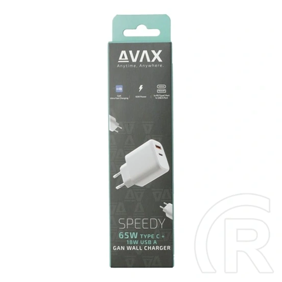 AVAX CH360 Speedy fali töltő (65W USB-C PD, 18W USB-A QC, GaN, USB-C+USB-A csatlakozó, fehér)