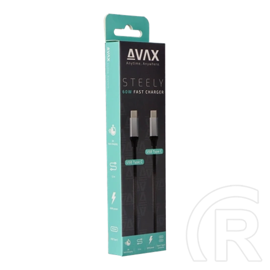 AVAX Steely Type-C - Type-C adatkábel 1,5 m (acélszürke, 60 W, 3A, sodort szövetborítás, fém csatlakozó)
