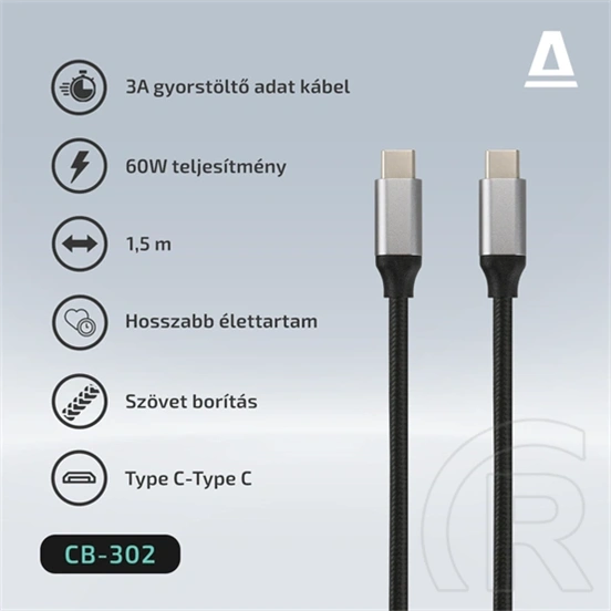 AVAX Steely Type-C - Type-C adatkábel 1,5 m (acélszürke, 60 W, 3A, sodort szövetborítás, fém csatlakozó)