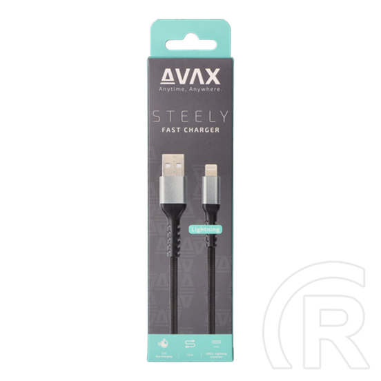 AVAX adat- és töltőkábel (USB-A / Lightning, 3A, 1,5 m, acélszürke)