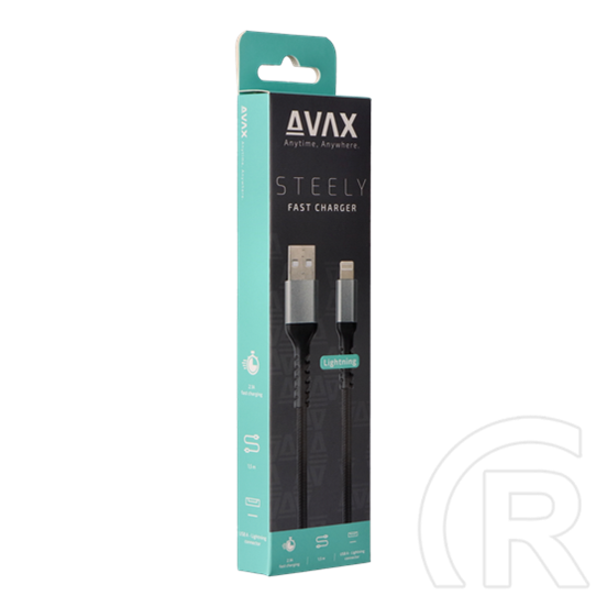 AVAX adat- és töltőkábel (USB-A / Lightning, 3A, 1,5 m, acélszürke)