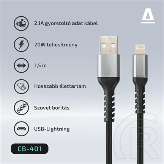 AVAX adat- és töltőkábel (USB-A / Lightning, 3A, 1,5 m, acélszürke)