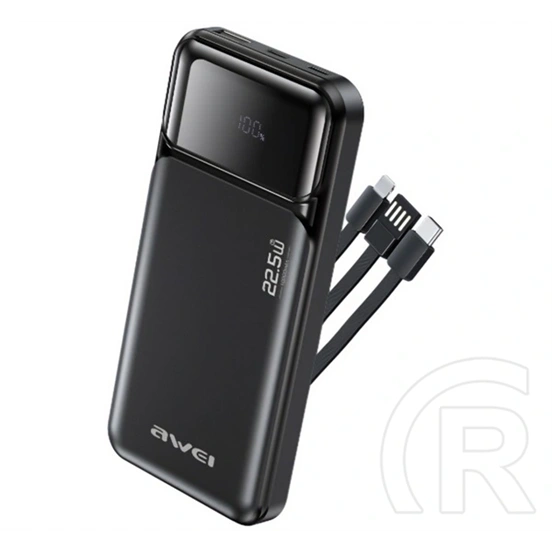 AWEI pa-91 vésztöltő usb+2 type-c aljzat (10000mah, 22.5w, gyorstöltő + fix usb/type-c/lightning kábel) fekete