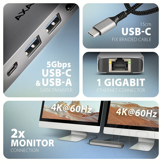 AXAGON HMC-7HX2 USB-C 5Gbps Dual 4K Display 7in1 Hub Alu