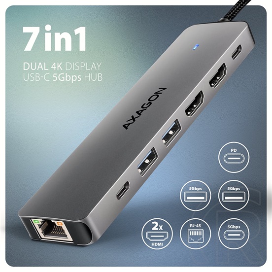 AXAGON HMC-7HX2 USB-C 5Gbps Dual 4K Display 7in1 Hub Alu