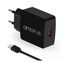 Amorus K6 hálózati töltő (USB-A aljzat, 5V/3A, USB-C kábellel, fekete)