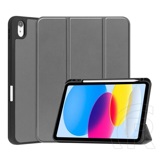 Apple ipad 10.9 tok álló, bőr hatású (aktív flip, trifold asztali tartó, ceruza tartó) sötétszürke