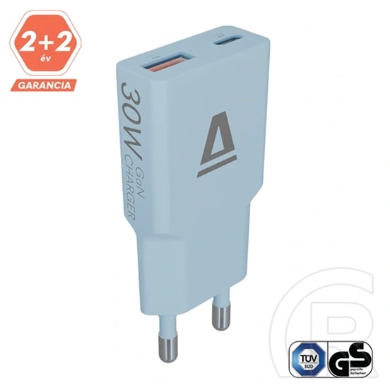 Avax CH641LB Nano Slim hálózati töltő (30W, GaN, USB-C PD3.0, USB-A QC3.0, ultravékony, világoskék)