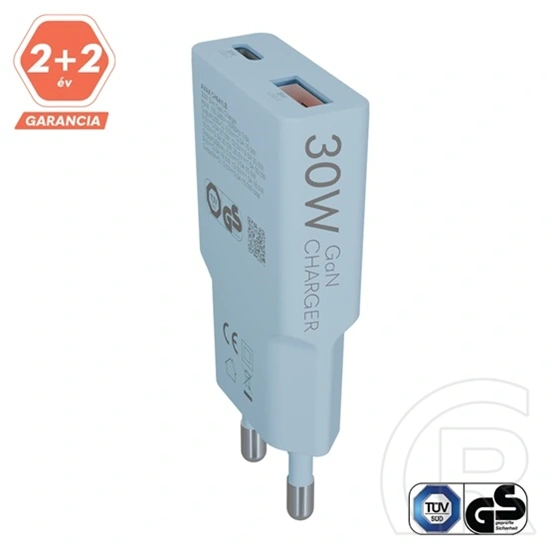 Avax CH641LB Nano Slim hálózati töltő (30W, GaN, USB-C PD3.0, USB-A QC3.0, ultravékony, világoskék)
