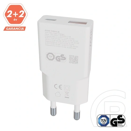 Avax CH641W Nano Slim fali töltő (30W, GaN, USB-C PD3.0, USB-A QC3.0, dupla töltés, fehér)
