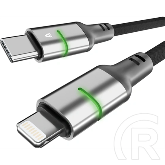 Avax Steely LED töltő- és adatkábel (fekete, USB-C - Lightning, 2 m, 27W, fonott, LED, akkuvédelem)