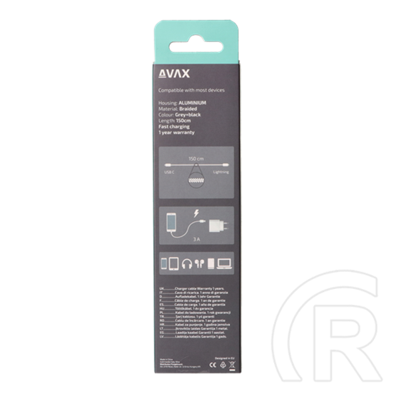 Avax USB-C - Lightning töltőkábel (C dugó / Lightning, 1,5 m, 27W, acélszürke)