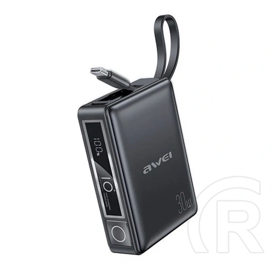 Awei P87K vésztöltő usb+type-c aljzat (10000mah, 30w, PD gyorstöltő, fix type-c kábel, fekete)