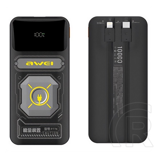 Awei p77k vésztöltő usb+type-c aljzat (10000mah, 22.5w, pd gyorstöltő + fix type-c+lightning kábel) fekete