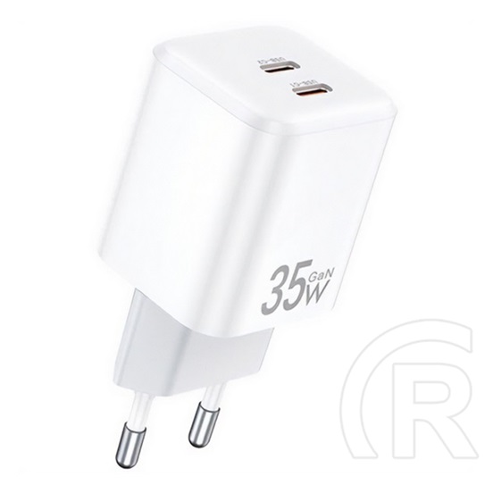 Awei pd65-eu hálózati töltő 2 type-c aljzat (35w, gan, pd gyorstöltő) fehér