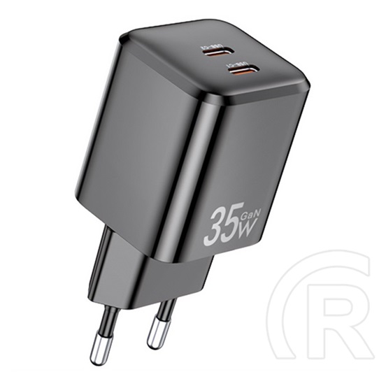 Awei pd65-eu hálózati töltő 2 type-c aljzat (35w, gan, pd gyorstöltő) fekete