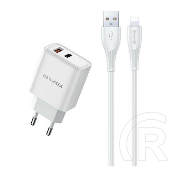 Awei hálózati töltő (USB-A+USB-C aljzat, 22,5W, lightning kábellel, fehér)