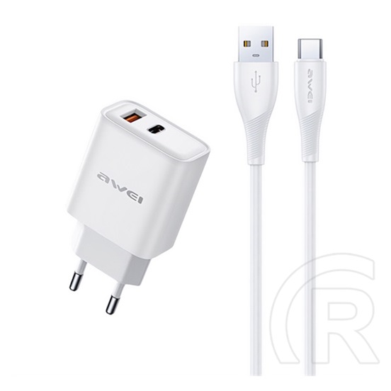 Awei pd81t-eu hálózati töltő usb+type-c aljzat (22.5w, gan, pd gyorstöltő + type-c kábel) fehér