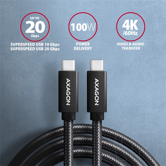 Axagon BUCM32-CM20AB USB 3.2 Gen 2 adat- és töltőkábel (C dugó / C dugó, 20V/5A, 1,5m, fekete)