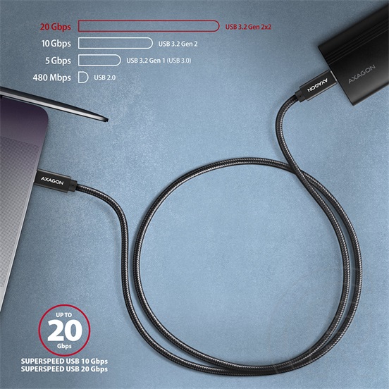 Axagon BUCM32-CM20AB USB 3.2 Gen 2 adat- és töltőkábel (C dugó / C dugó, 20V/5A, 1,5m, fekete)