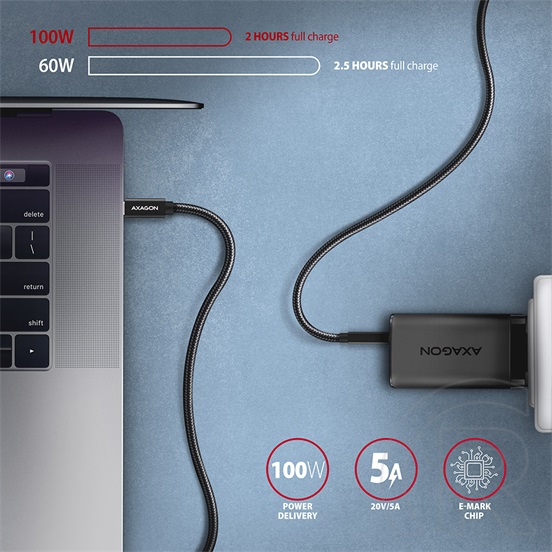 Axagon BUCM32-CM20AB USB 3.2 Gen 2 adat- és töltőkábel (C dugó / C dugó, 20V/5A, 1,5m, fekete)