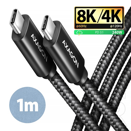 Axagon BUCM4X-CM10AB USB 4 Gen 3x2 adat- és töltőkábel (C dugó / C dugó, 48V/5A, 1 m, fekete)