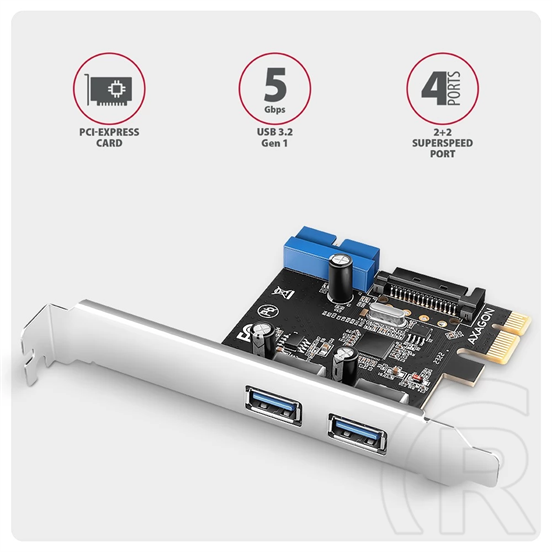 Axagon PCIe vezérlő 2x ext. + 2x int. USB 5Gbps