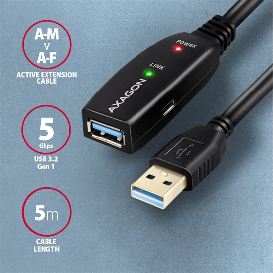 Axagon USB 3.0 kábel (A dugó (M) / A dugó (F), 5m, fekete)