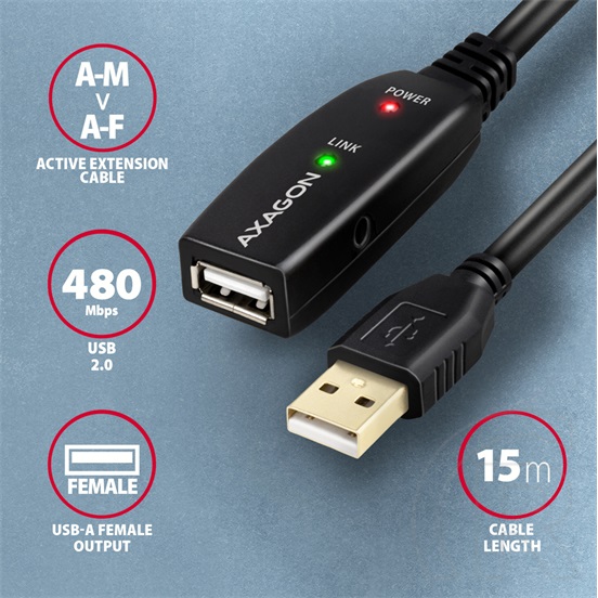 Axagon USB aktív kábel (A dugó (M) / A dugó (F), 15m, fekete)