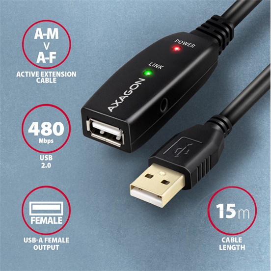 Axagon USB 2.0 aktív hosszabbító kábel (A dugó / A aljzat, 15 m, fekete)