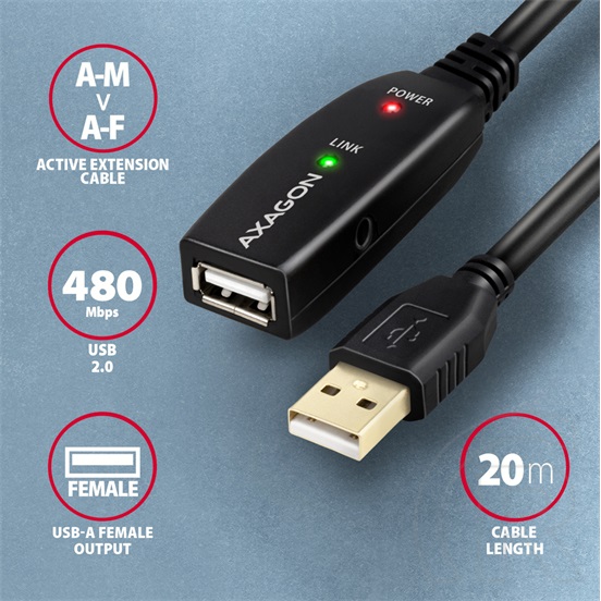 Axagon USB aktív kábel (A dugó (M) / A dugó (F), 20m, fekete)