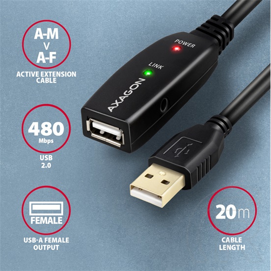 Axagon USB 2.0 aktív hosszabbító kábel (A dugó / A aljzat, 20 m, fekete)