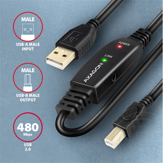 Axagon USB 2.0 aktív kábel (A dugó / B dugó, 15 m, fekete)