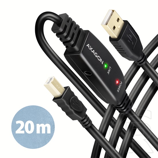 Axagon USB 2.0 aktív kábel (A dugó / B dugó, 20 m, fekete)