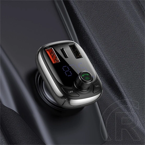 Baseus Bluetooth FM transmitter autós töltő (2 USB, Type-C aljzat, 36W, PD gyorstöltés 4.0, microSD kártyaolvasó, fekete