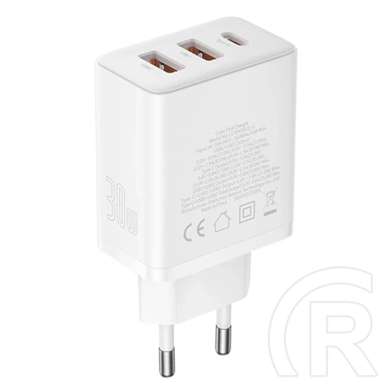 Baseus Cube hálózati gyorstöltő (30w, 1×usb type-c, 2×usb type-a, gan, pd3.0, pps, qc3.0, fehér)