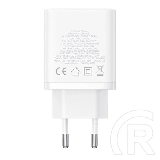 Baseus Cube hálózati gyorstöltő (30w, 1×usb type-c, 2×usb type-a, gan, pd3.0, pps, qc3.0, fehér)