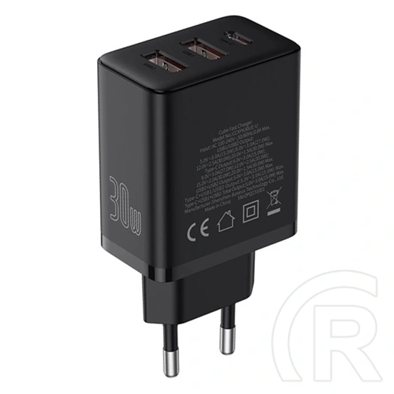 Baseus Cube hálózati töltő (30w, 1×USB Type-C, 2×USB Type-A, GaN, PD3.0, PPS, QC3.0, fekete)