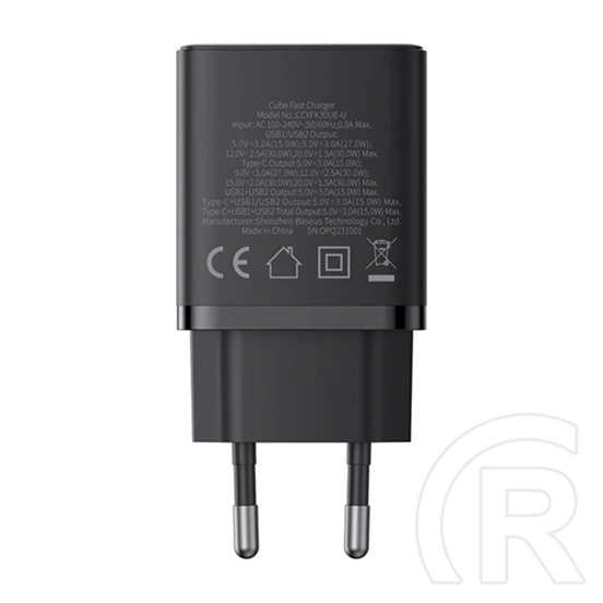Baseus Cube hálózati töltő (30w, 1×USB Type-C, 2×USB Type-A, GaN, PD3.0, PPS, QC3.0, fekete)