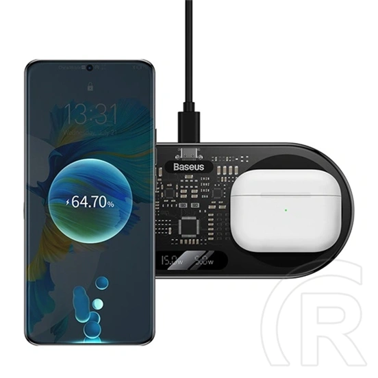 Baseus Digital LED Display 2in1 vezeték nélküli töltő (20W, Qi, digitális kijelző, USB Type-C bemenet, USB Type-A–USB Ty
