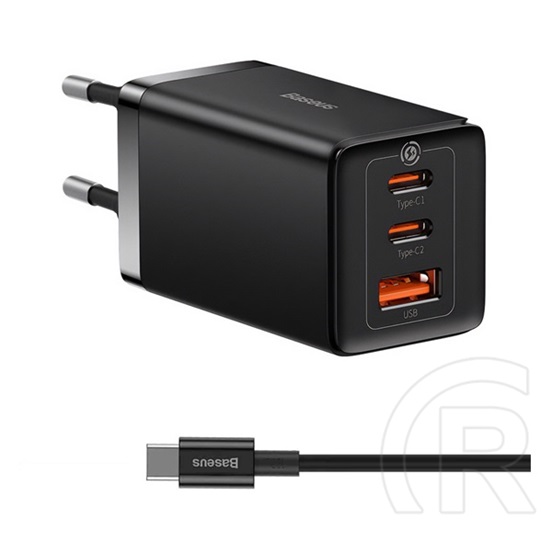 Baseus GaN5 Pro hálózati töltő (USB-A + 2xUSB-C aljzat, 65W, C-C kábel 1m, fekete)